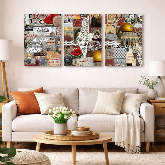 Palestine Heritage Islamic 3 Panel Wall Frame – Cultural Islamic Wall Art Decor | Middle Eastern Islamic Artwork