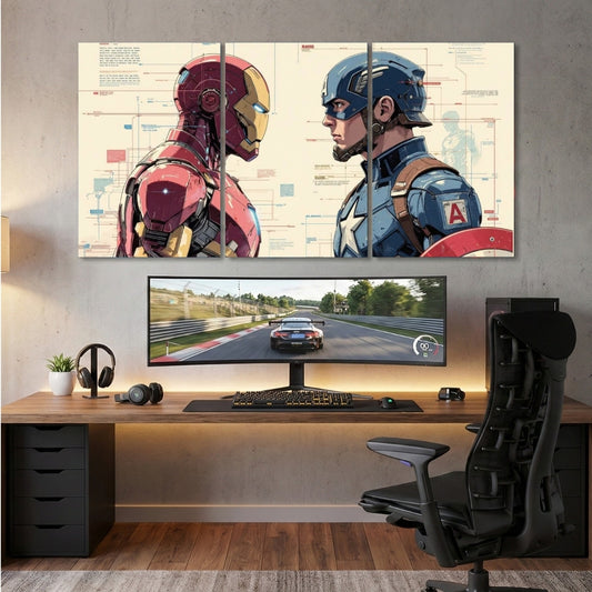 Iron Man vs Captain America 3 Panel Wall Frame | Marvel Avengers Wall Art | 4K Superhero Gaming & Room Decor