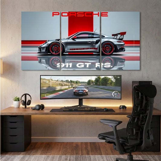 Porsche 911 GT RS 3 Panel Wall Frames | Luxury Sports Car Wall Art | 4K Waterproof & Fade-Proof Automotive Decor for Gaming Room, Office & Bedroom
