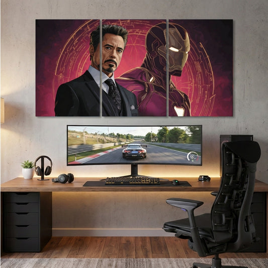 Iron Man Tony Stark 3 Panel Wall Frame | Marvel Avengers Wall Art | 4K Superhero Gaming & Office Room Decor
