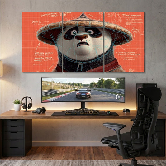Kung Fu Panda Po 3 Panel Wall Frame | Animated Movie Wall Art | 4K Cartoon Gaming Room & Kids Room Decor