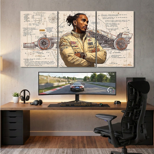 Formula 1 Champion 3 Panel Wall Frame | F1 Racing Blueprint Wall Art | 4K Motorsport Decor for Gaming Room & Office