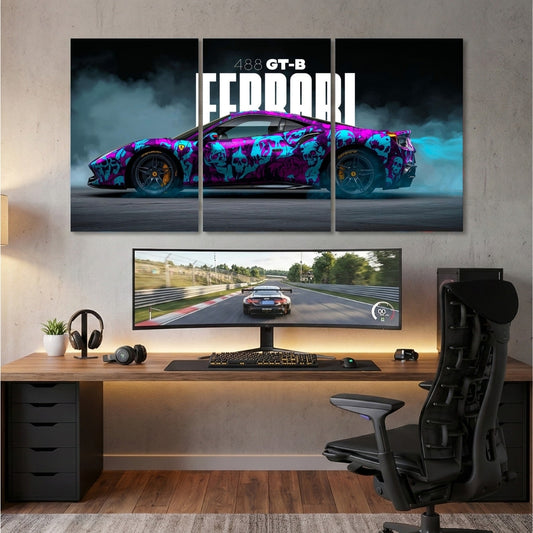 Ferrari Supercar 3 Panel Wall Frame | Luxury Car Wall Art | 4K Waterproof Automotive Decor for Gaming Room & Office