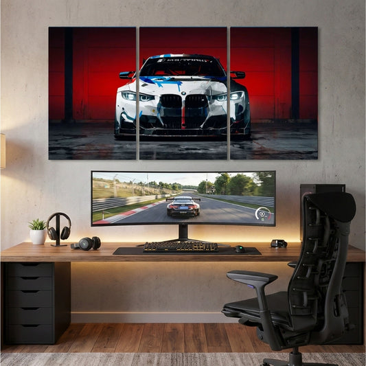 BMW M4 GT4 Racing Car 3 Panel Wall Frame – Premium Multi Panel Canvas Art for Bedroom, Office & Gaming Setup