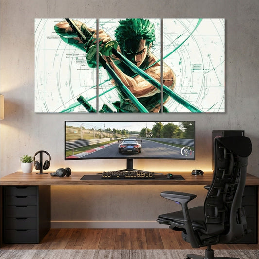 Roronoa Zoro 3 Panel Wall Art | One Piece Anime Wall Frame 12x18 | Sword Master Zoro Wall Decor | 4K Waterproof Print | Anime Wall Frames Pakistan