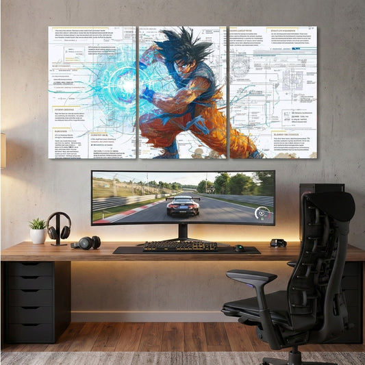 Goku 3 Panel Wall Frame | Anime Wall Art | 4K Waterproof Gaming Room Decor for Bedroom & Office
