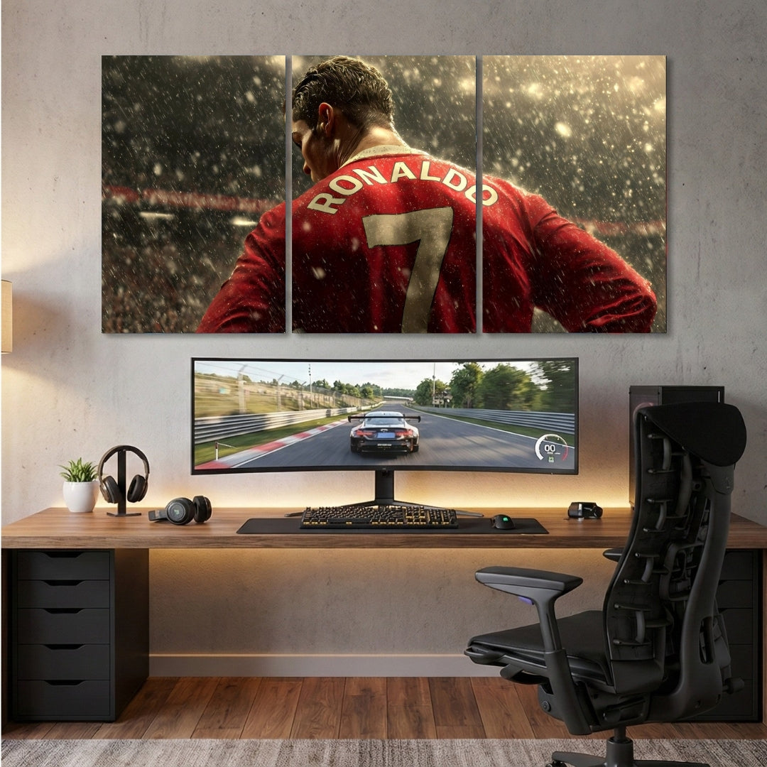 Cristiano Ronaldo 3 Panel Wall Frames | Football Legend Wall Art | 4K Waterproof & Fade-Proof Sports Decor for Bedroom, Gym & Gaming Room