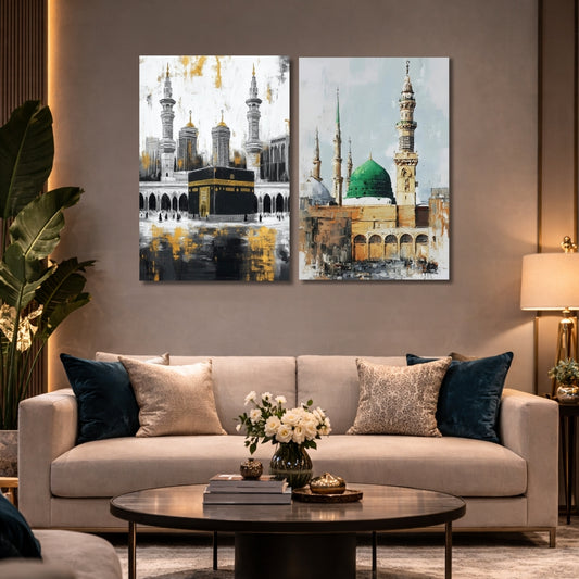 Kaaba & Masjid Nabawi 2 Panel Islamic Canvas Wall Art – Sacred Mosque Decor