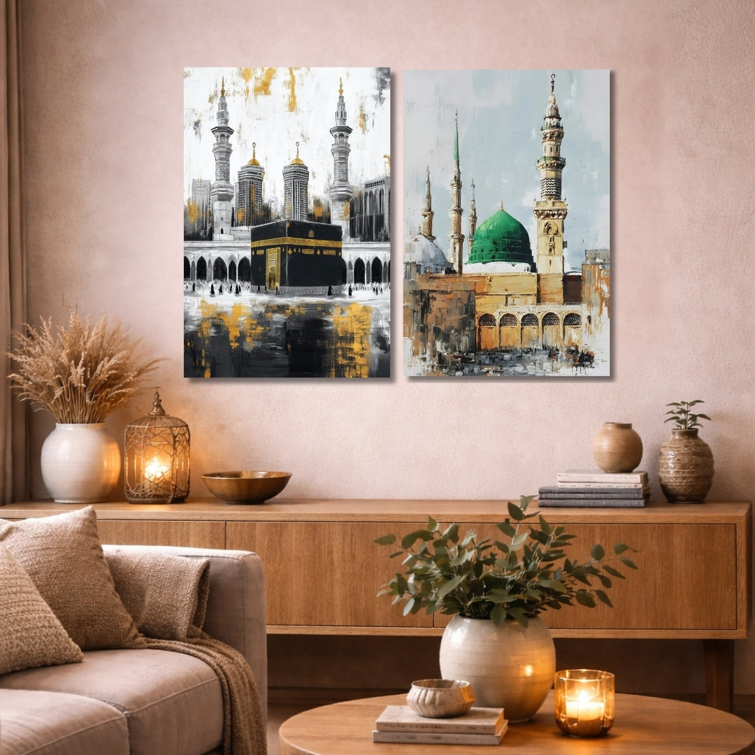 Kaaba & Masjid Nabawi 2 Panel Islamic Canvas Wall Art – Sacred Mosque Decor
