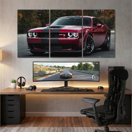 Dodge Challenger SRT Hellcat 3 Panel Wall Frame – Red Muscle Car Canvas Art with Racing Stripes for Gaming Room & Bedroom Decor