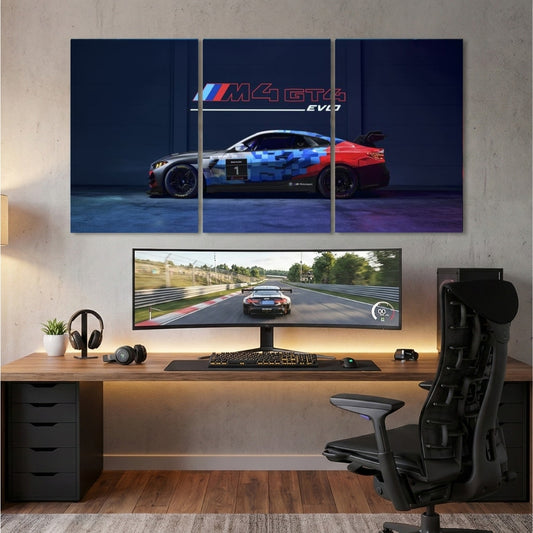 BMW M4 GT4 Racing Car 3 Panel Wall Frame – Premium Multi Panel Canvas Art for Bedroom, Office & Gaming Setup