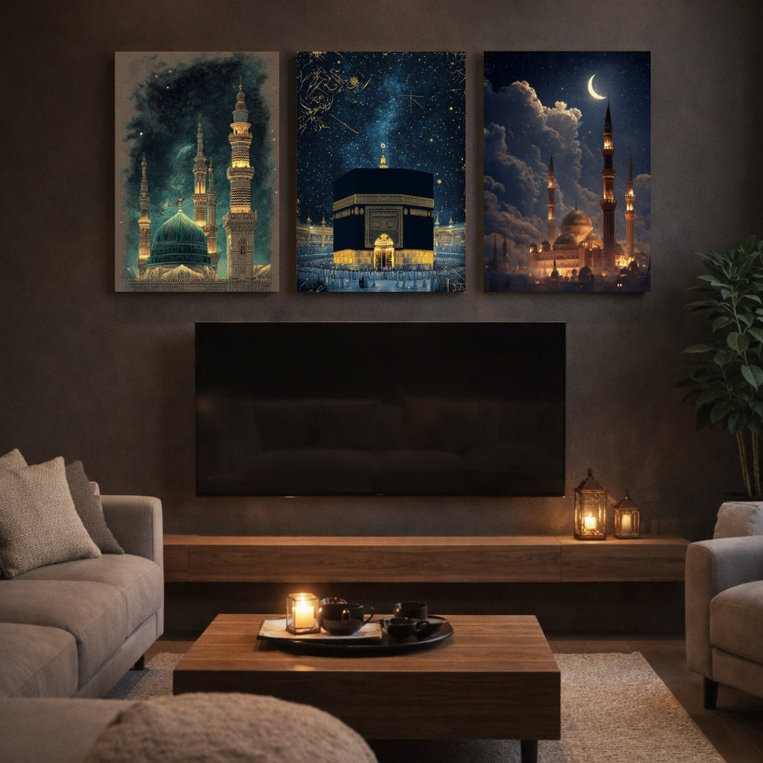 Kaaba Masjid Islamic 3 Panel Wall Frame – Makkah Madinah Mosque Wall Art | Islamic Wall Decor Pakistan