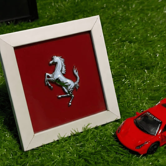 Ferrari Logo Collectible Mini Frame | Red Ferrari Emblem Wall Art with White Glass Frame | Luxury Desk & Wall Decor for Car Lovers