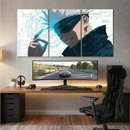 Gojo Satoru 3 Panel Wall Frame | Jujutsu Kaisen Anime Wall Art | 4K Waterproof Gaming Room & Otaku Decor