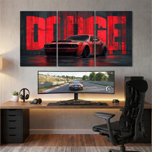 Dodge Challenger SRT Hellcat 3 Panel Wall Frame – Premium Muscle Car Canvas Art for Bedroom, Office & Gaming Room Decor