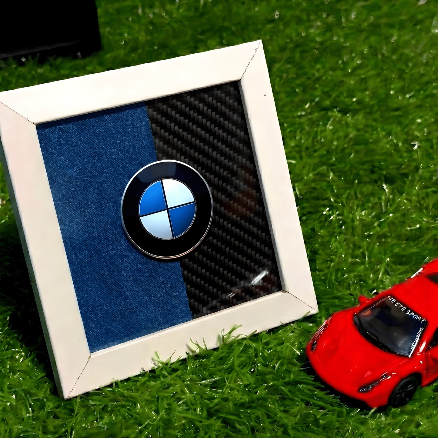 BMW Logo Collectible Mini Frame | Premium Emblem Art with White Glass Frame | Desk & Wall Decor for BMW Car Lovers