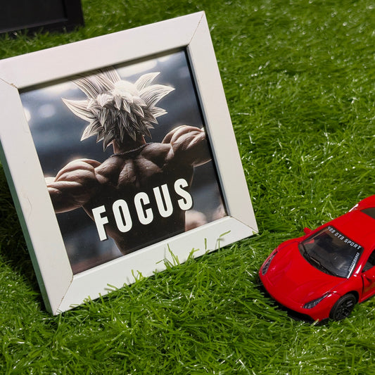Goku FOCUS Motivational Collectible Mini Frame | Dragon Ball Anime Gym Wall art with White Glass Frame | Desk & Wall Decor for Fitness & Anime Fans