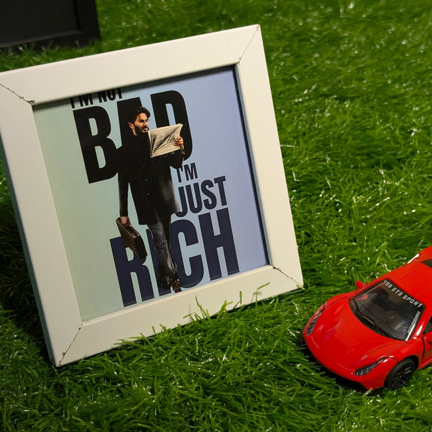 Lucky Bhaskar Quote Collectible Mini Frame | “I’m Not Bad, I’m Just Rich” Movie-Inspired Wall Art with White Glass Frame
