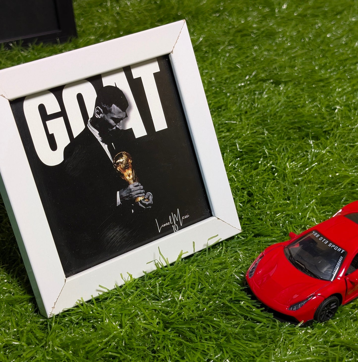 Lionel Messi GOAT Collectible Mini Frame | World Cup Argentina Wall Art with White Glass Frame | Football Memorabilia Desk & Wall Decor