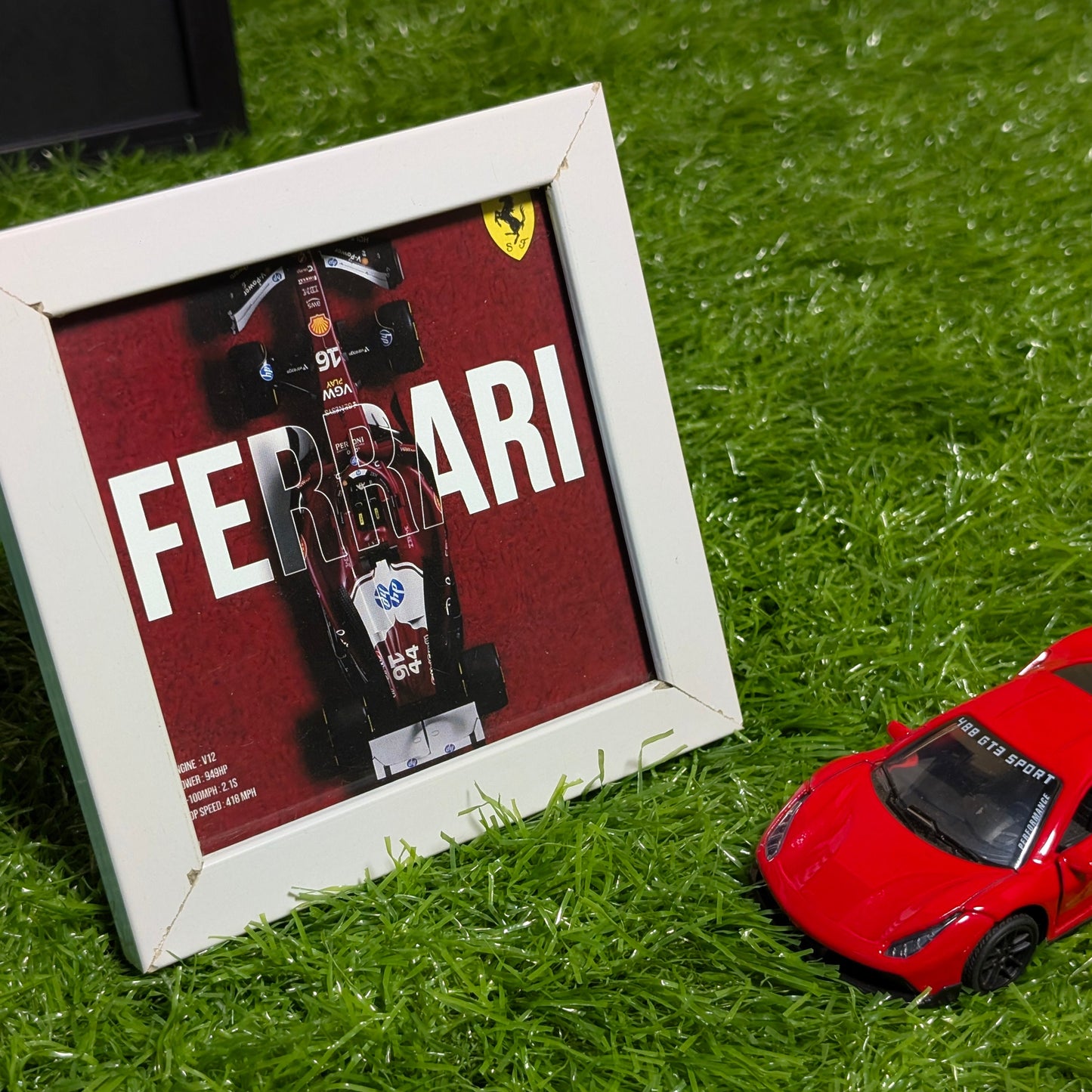 Ferrari F1-75 Collectible Mini Frame | Scuderia Ferrari Formula 1 Wall Art with White Glass Frame | Desk & Wall Decor for F1 Fans