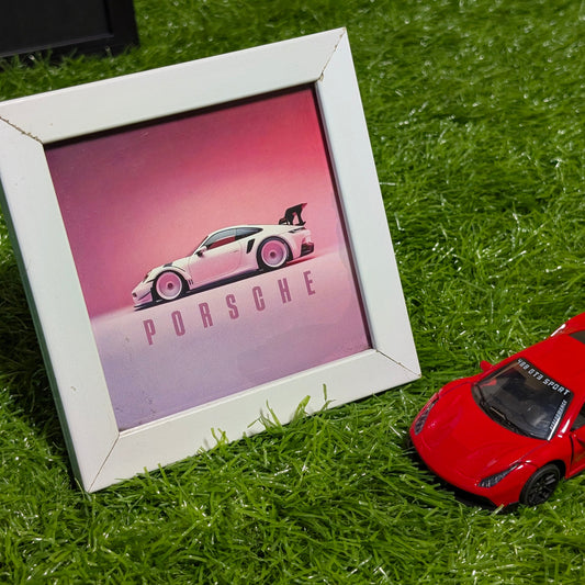 Pink Porsche 911 GT3 RS Collectible Mini Frame | Luxury Sports Car Wall Art with White Glass Frame | Desk & Wall Decor for Car Enthusiasts