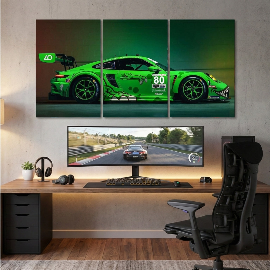 Green Porsche 911 3 Panel Wall Frames | Luxury Sports Car Wall Art | 4K Waterproof & Fade-Proof Automotive Decor for Gaming Room, Office & Bedroom