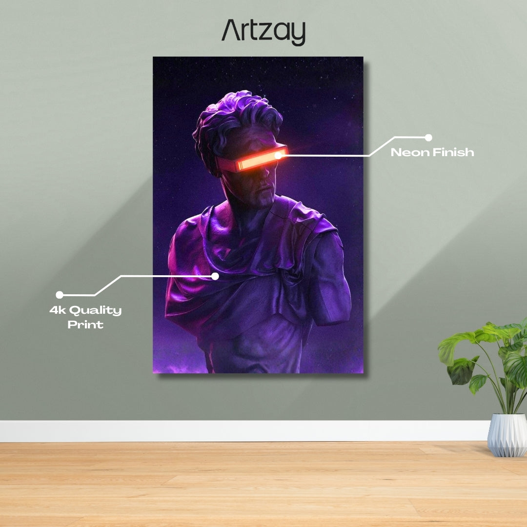 Cyber David Statue Red Visor Neon Poster – Iconic Glow Edition | 4K Print