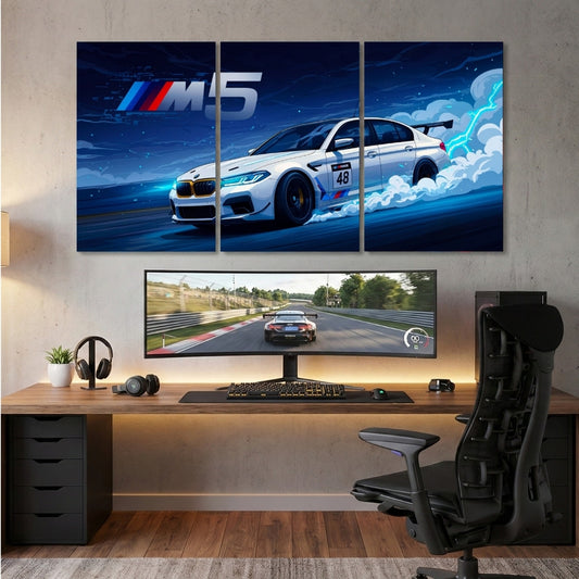 BMW M5 Animated 3 Panel Wall Art | Luxury Car Wall Frames | 4K Waterproof & Fade-Proof Automotive Decor for Gaming Room, Office & Bedroom