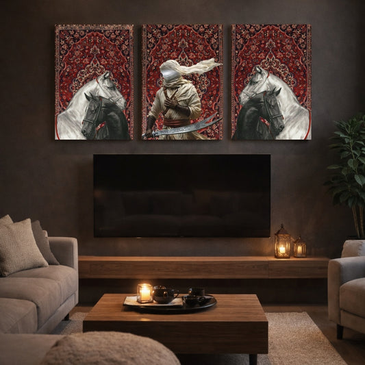 Islamic Warrior Horse Heritage 3 Panel Wall Frame – Arabic Islamic Art Decor | Traditional Islamic Wall Art Pakistan