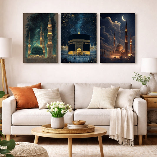 Kaaba Masjid Islamic 3 Panel Wall Frame – Makkah Madinah Mosque Wall Art | Islamic Wall Decor Pakistan