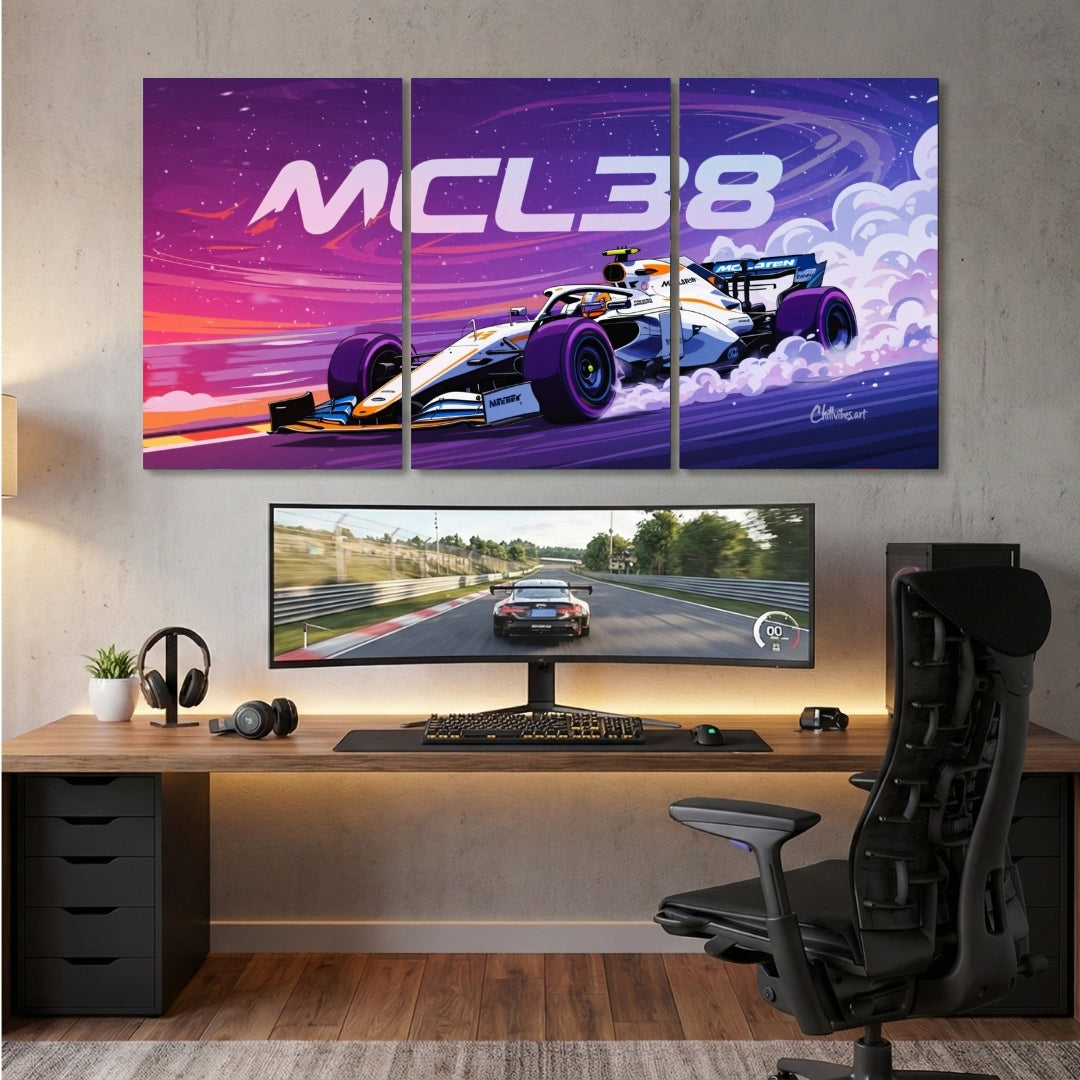 McLaren MCL38 3 Panel Wall Frames | Formula 1 Wall Art | 4K Waterproof & Fade-Proof Racing Car Decor for Gaming Room, Office & Bedroom
