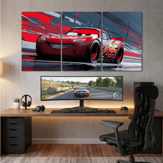 Lightning McQueen 3 Panel Wall Frames | Cars Movie Wall Art | 4K Waterproof & Fade-Proof Cartoon Car Decor for Kids Room, Gaming Room & Bedroom