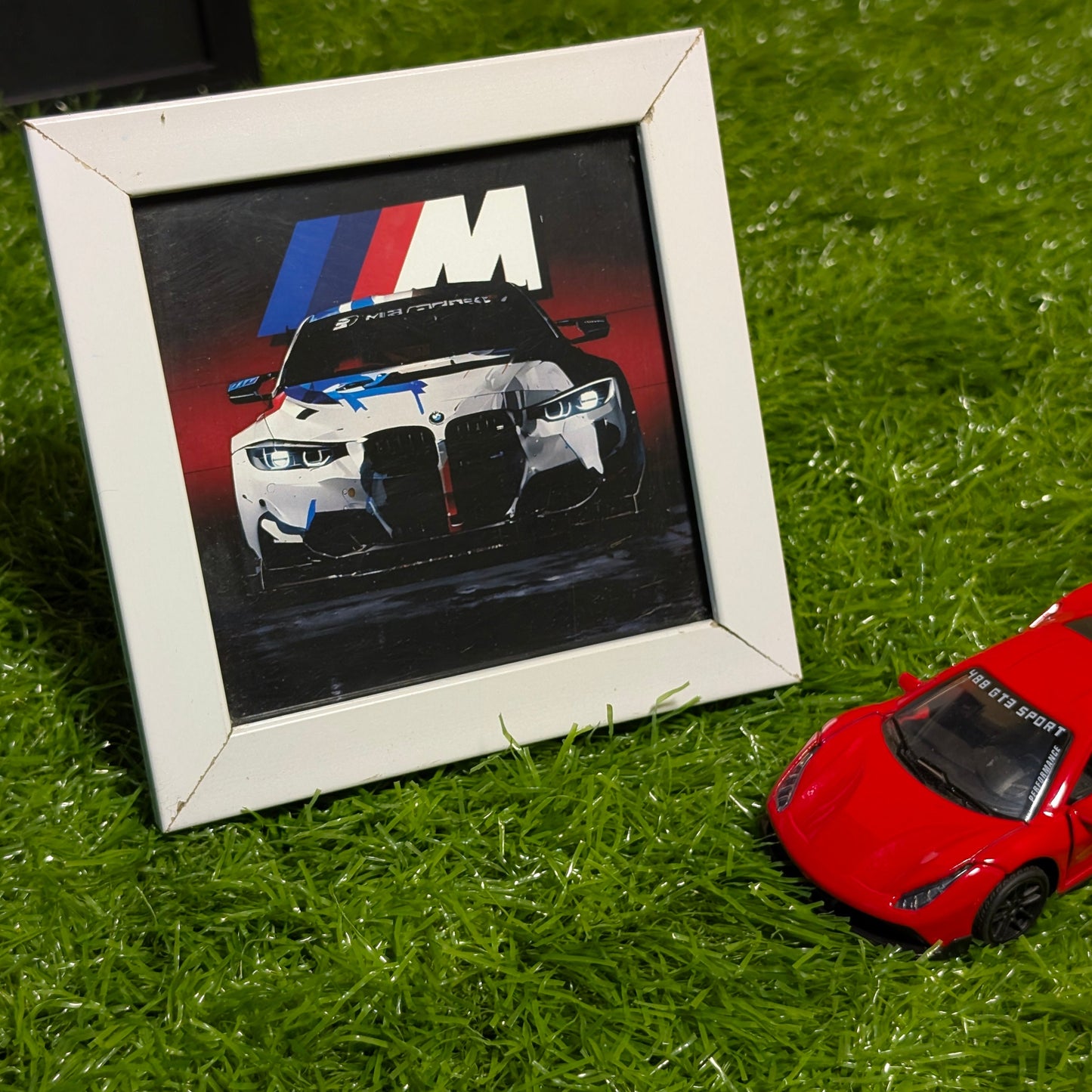 BMW M4 GT4 Collectible Mini Frame | Premium White Glass Frame | Motorsport Car Wall Art & Desk Decor for Car Enthusiasts