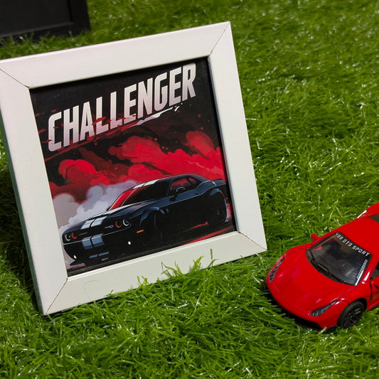 Dodge Challenger SRT Hellcat Collectible Mini Frame | Muscle Car Wall Art with White Glass Frame | Premium Desk & Wall Decor for Car Lovers