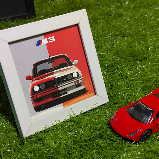 BMW M3 E30 Collectible Mini Frame | Classic BMW Wall Art with White Glass Frame | Desk & Wall Decor for Car Enthusiasts