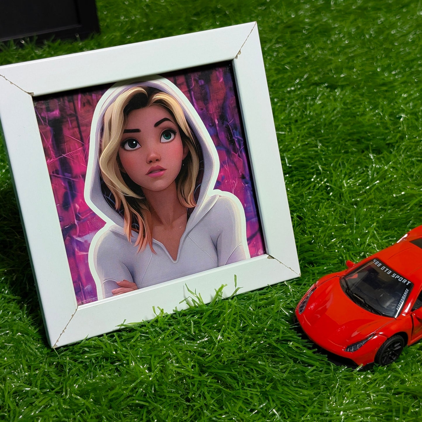 Gwen Stacy Ghost-Spider Collectible Mini Frame | Marvel Spider-Verse Wall Art with White Glass Frame | Desk & Wall Decor for Superhero Fans