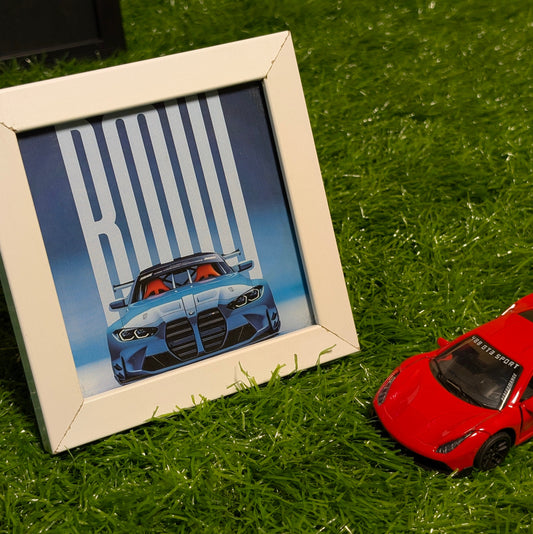 BMW M4 Competition Collectible Mini Frame | BMW 4 Series M Coupe Wall Art with White Glass Frame | Luxury Car Desk & Wall Decor for BMW Enthusiasts