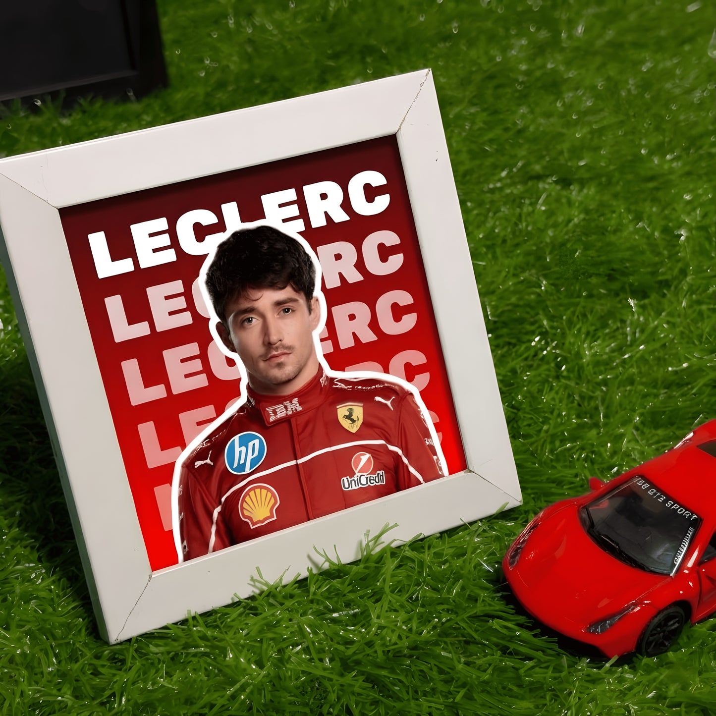Charles Leclerc Collectible Mini Frame | Ferrari F1 Racing Legend Wall Art with White Glass Frame | Desk & Wall Decor for Formula 1 Fans